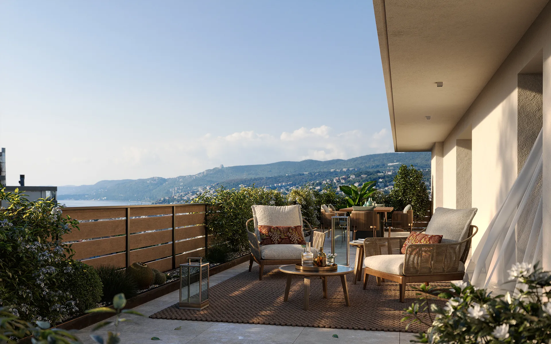 Loggia moderna con poltrone imbottite e tavolino rotondo su un tappeto marrone, vista su colline verdi e cielo sereno.