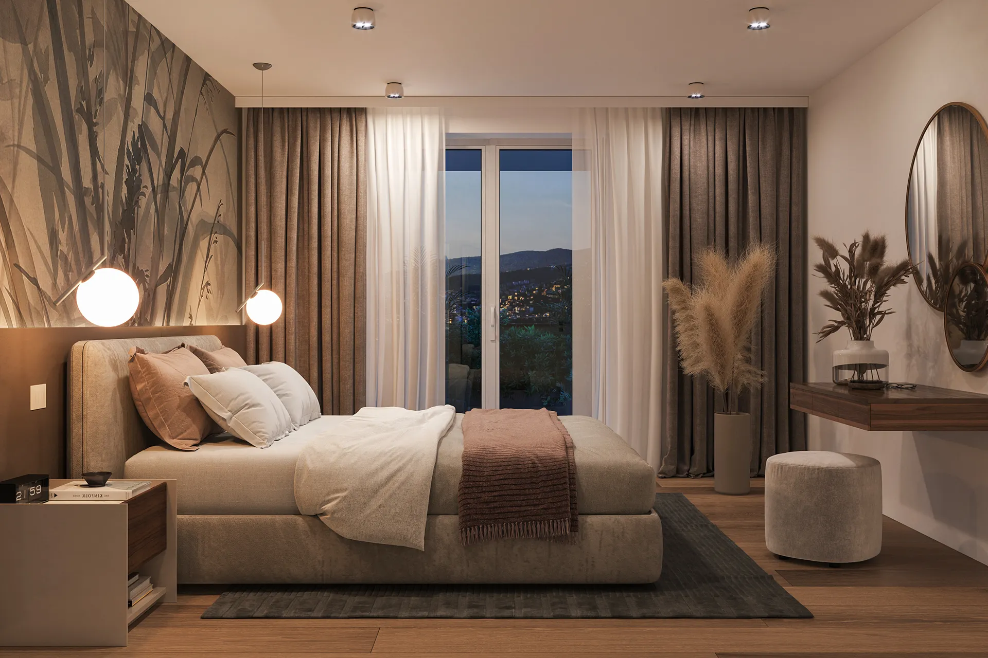 Camera da letto moderna con letto matrimoniale beige, lampade sospese rotonde, tende marroni e bianche e specchio ovale sulla parete con decorazioni naturali.