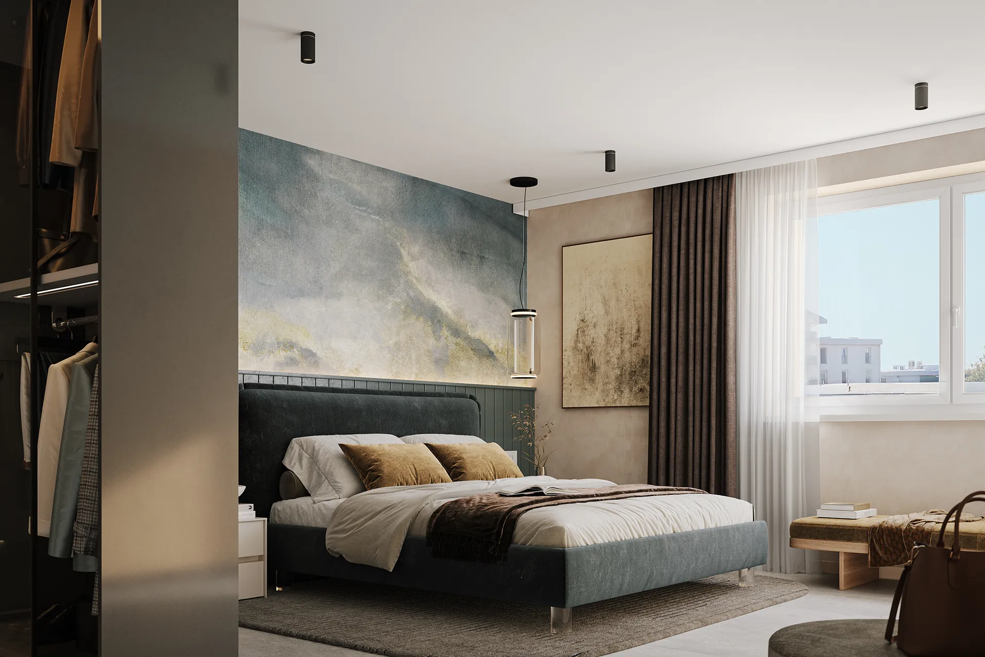 Camera da letto moderna con letto matrimoniale, testiera grigia, cuscini marroni, parete decorata con sfumature blu e grigie, grande finestra con tende e cabina armadio visibile sulla sinistra.