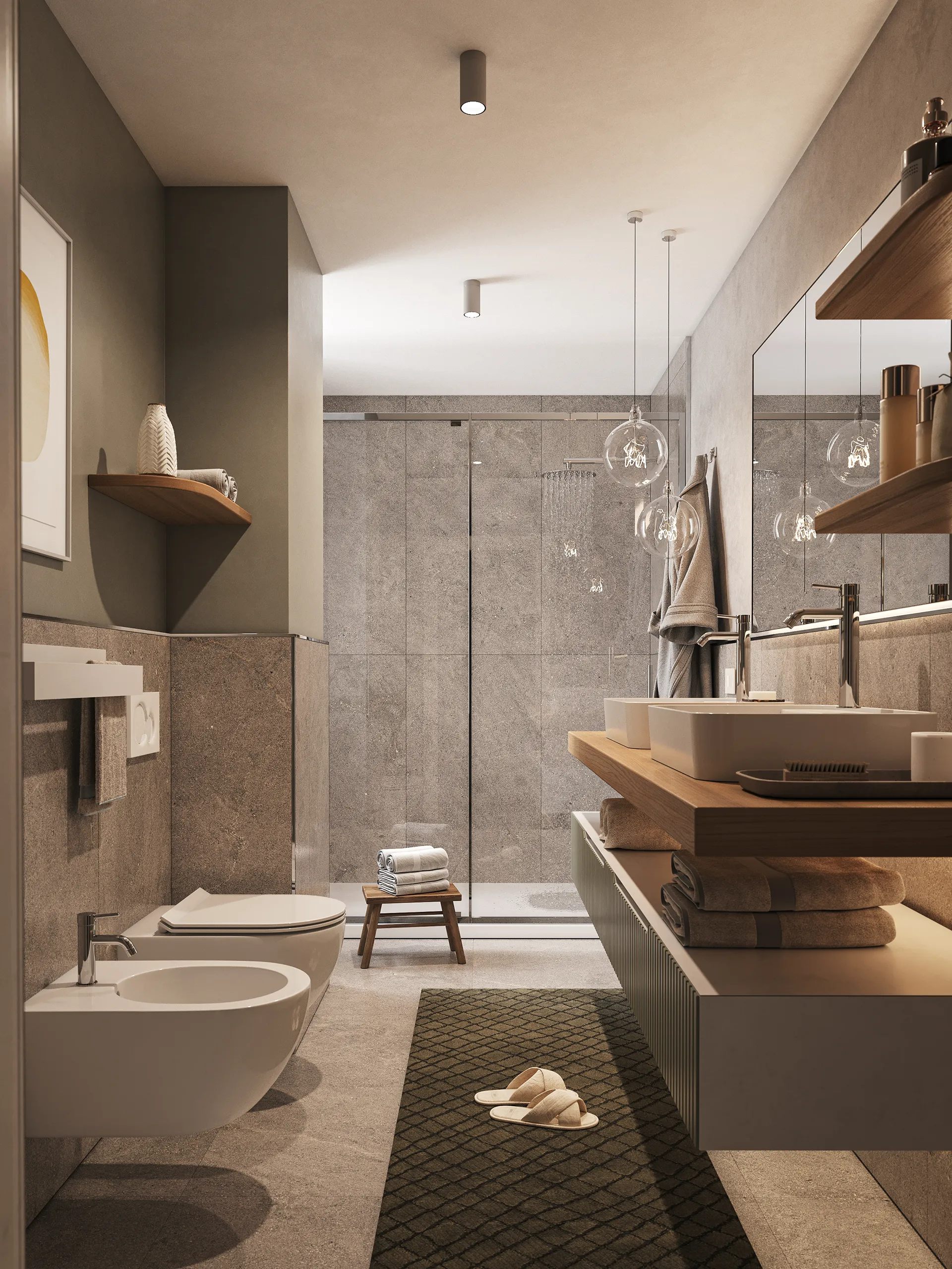 Bagno moderno con sanitari sospesi, lavabo doppio su mobile in legno, doccia con parete in vetro e asciugamani piegati.