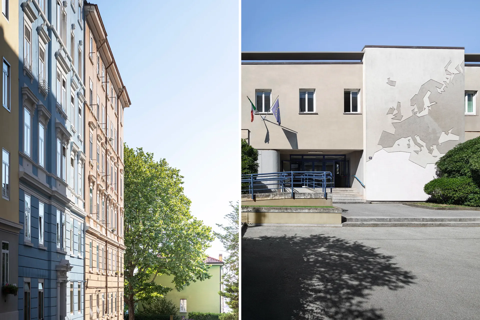 Facciate di palazzi residenziali colorati e ingresso di edificio pubblico con mappa dell’Europa sulla parete.