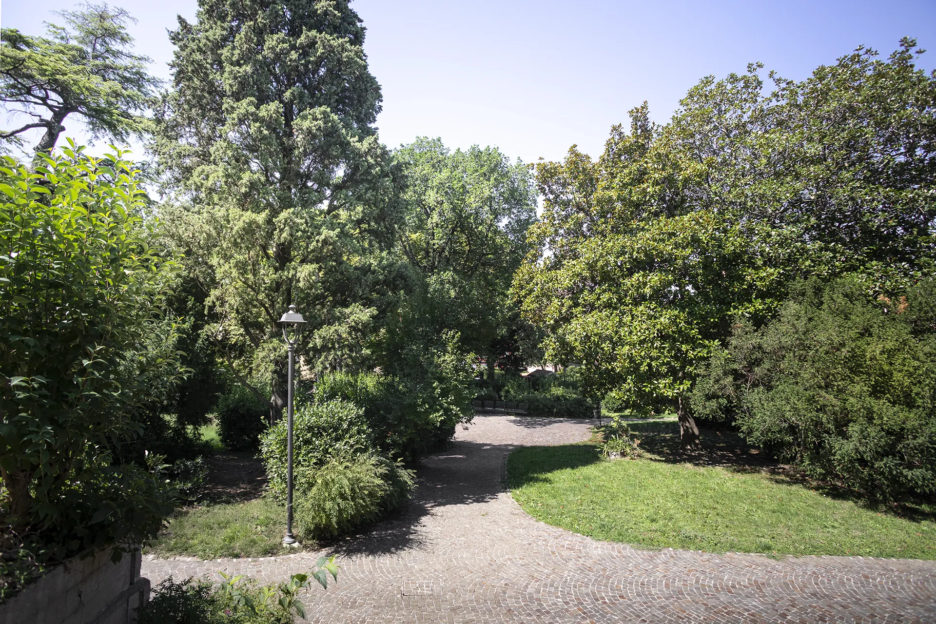 Sentiero lastricato immerso nel verde in un parco pubblico a Trieste.
